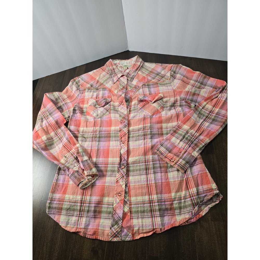 Cumberland Outfitters Womens Pink Plaid Western Snap Shirt Large Metallic Cotton